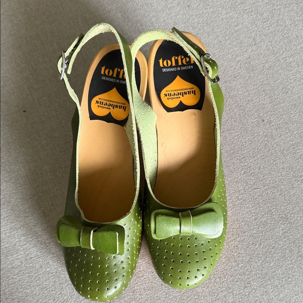 Swedish Hasbeens Green Leather Mules with Bow